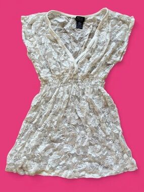 White Lace V-Neck Swim Coverup with Elastic Waist